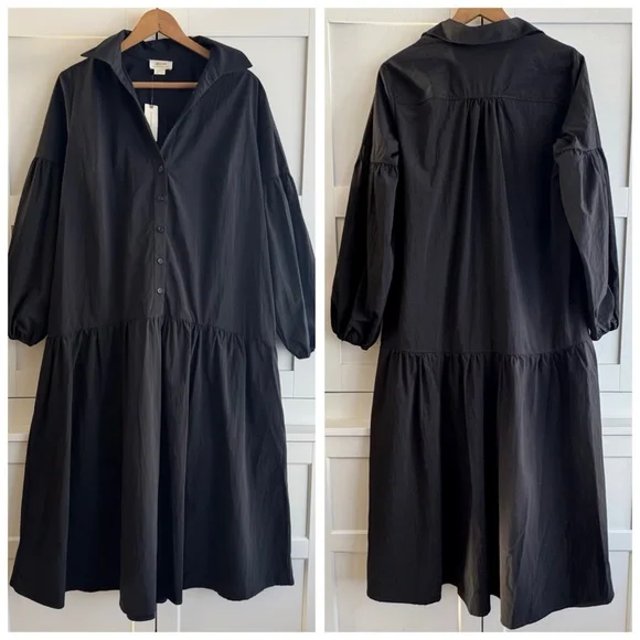 Anthropologie Maeve Button Front Poplin Shirt Dress in Black - Picture 2 of 4